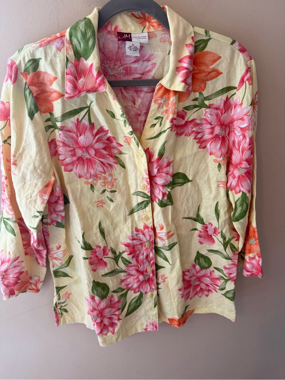 JM Collection Linen yellow floral button down size 12